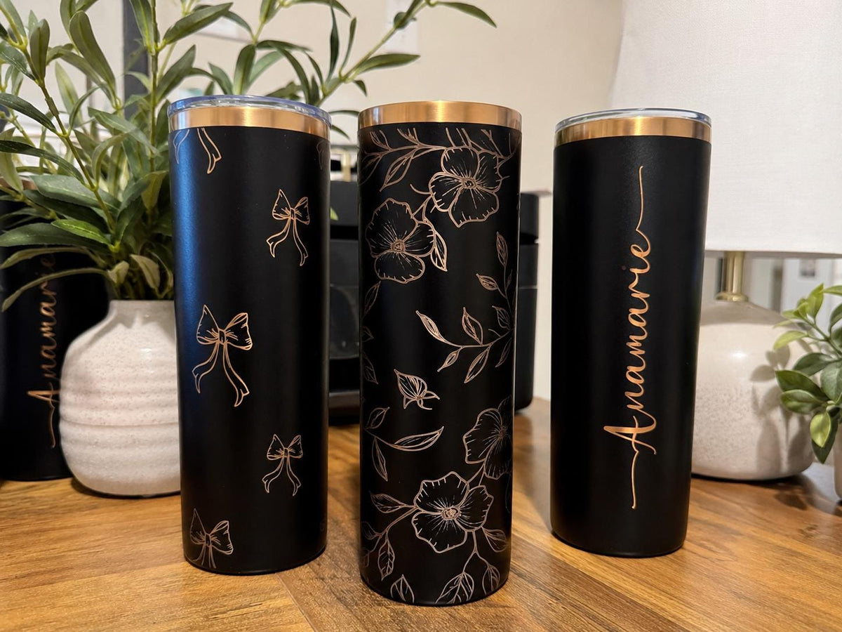 Personalized 20oz Skinny Tumbler | Black & Bronze Engraved | Custom Name Cup | Laser Engraved Travel Mug