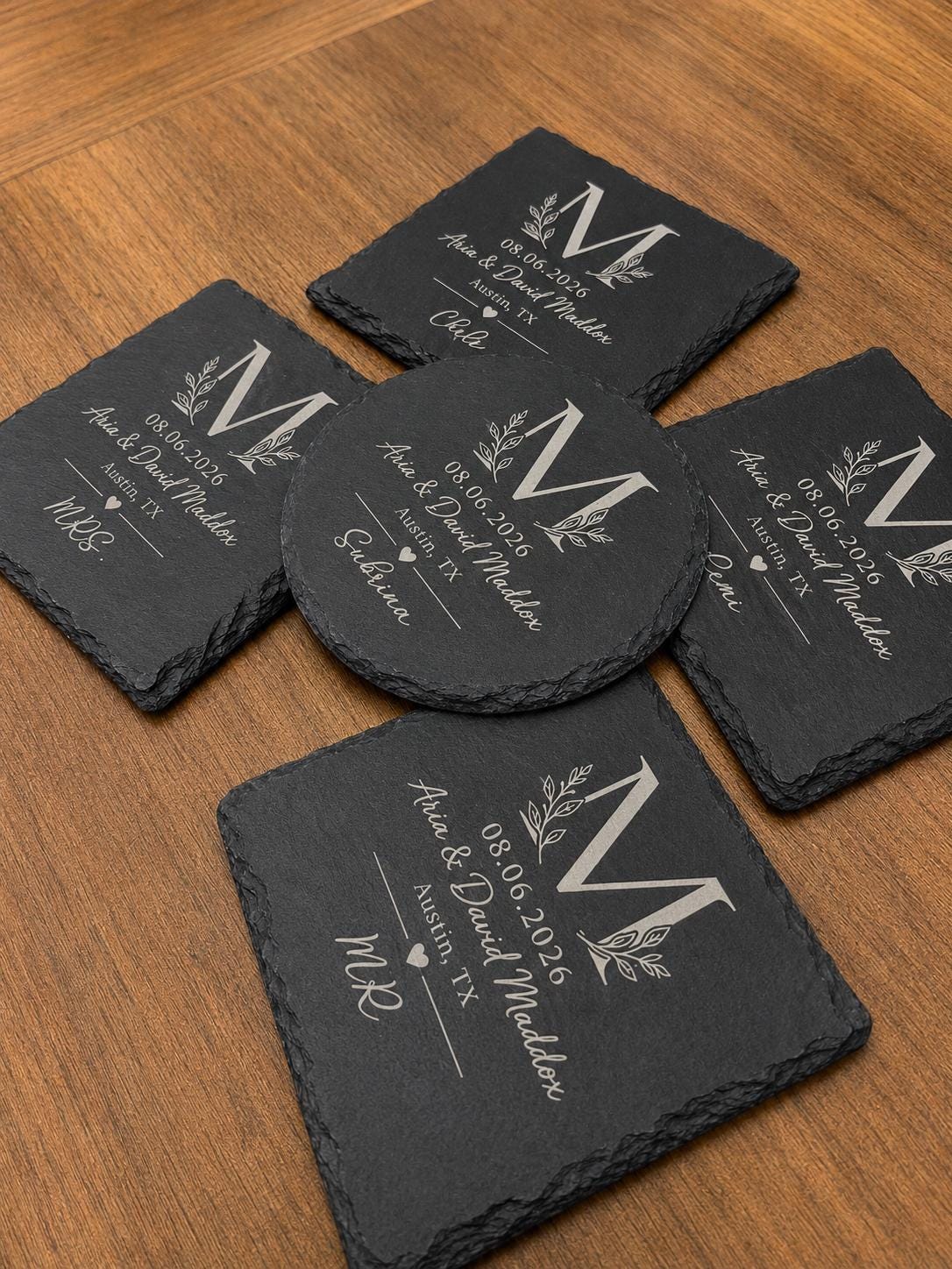 Personalized Slate Coasters, Engraved Family Name Bar Decor, logo design, Housewarming gift, wedding
