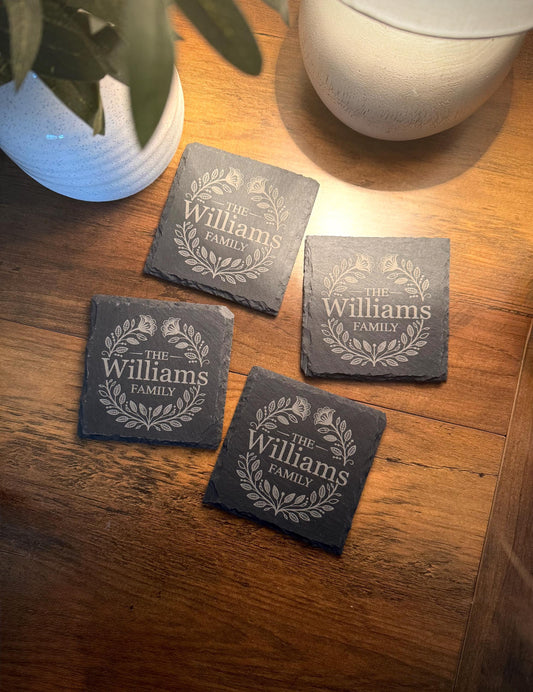Personalized Slate Coasters, Engraved Family Name Bar Decor, logo design, Housewarming gift, wedding