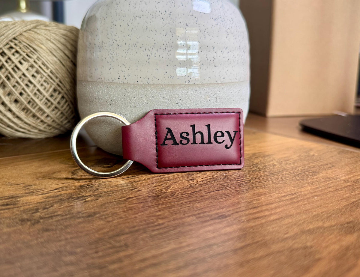 Personalized Leather Keychain, Custom Name or Business Logo Key Ring, Engraved Gift