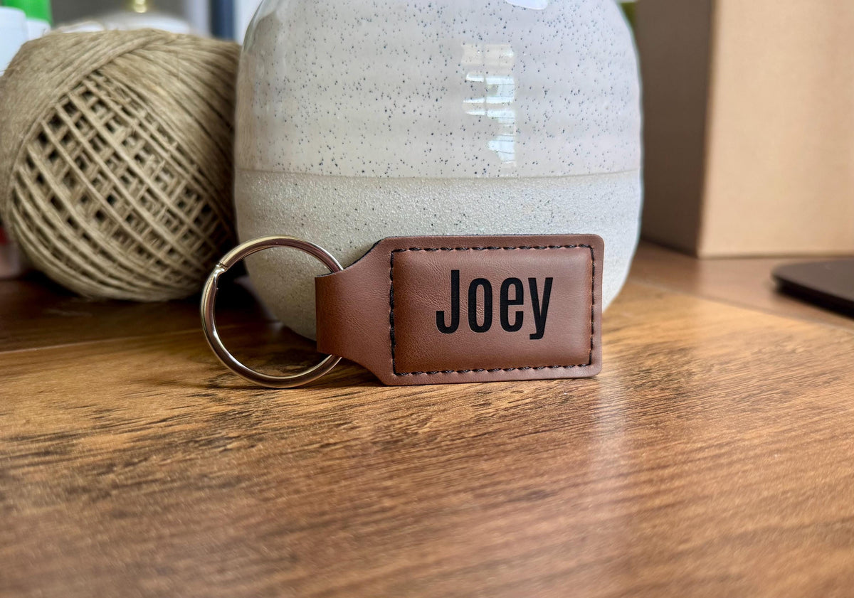Personalized Leather Keychain, Custom Name or Business Logo Key Ring, Engraved Gift