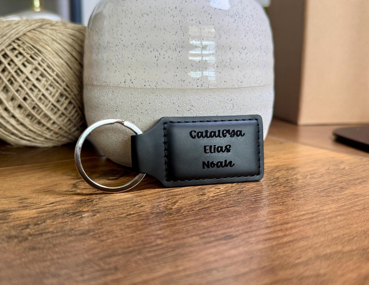 Personalized Leather Keychain, Custom Name or Business Logo Key Ring, Engraved Gift