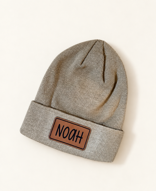 Personalized Leather Patch Beanie | Custom Name Winter Hat