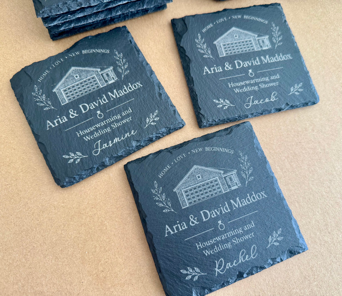 Personalized Slate Coasters, Engraved Family Name Bar Decor, logo design, Housewarming gift, wedding