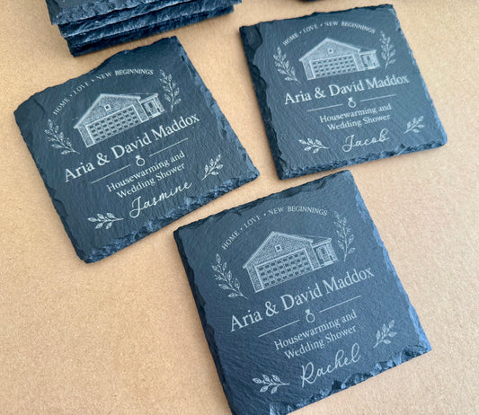 Personalized Slate Coasters, Engraved Family Name Bar Decor, logo design, Housewarming gift, wedding