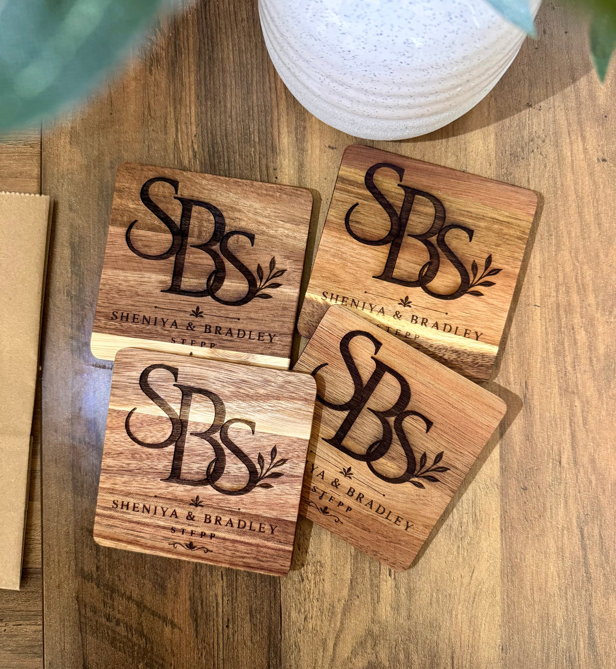 Personalized Engraved Wood Coasters, Custom Bar Decor Set, realtor closing gift, family name, monogram wedding