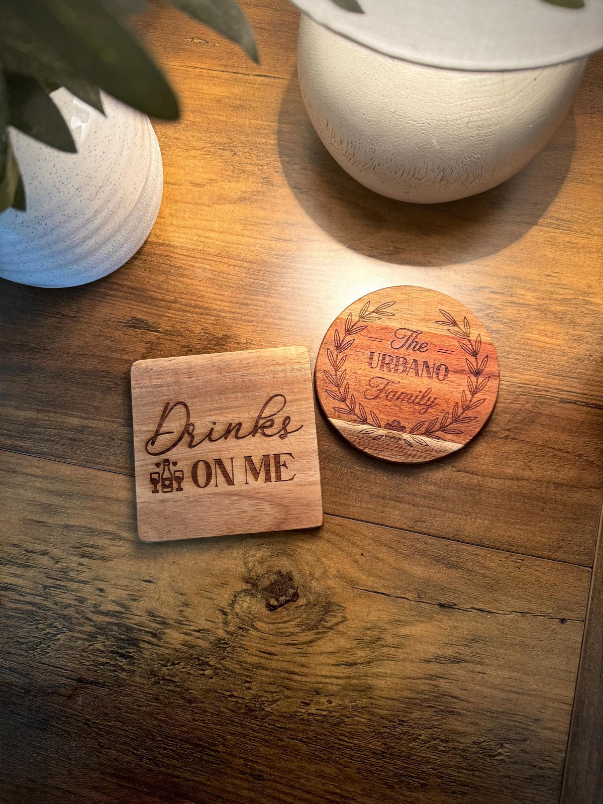 Personalized Engraved Wood Coasters, Custom Bar Decor Set, realtor closing gift, family name, monogram wedding