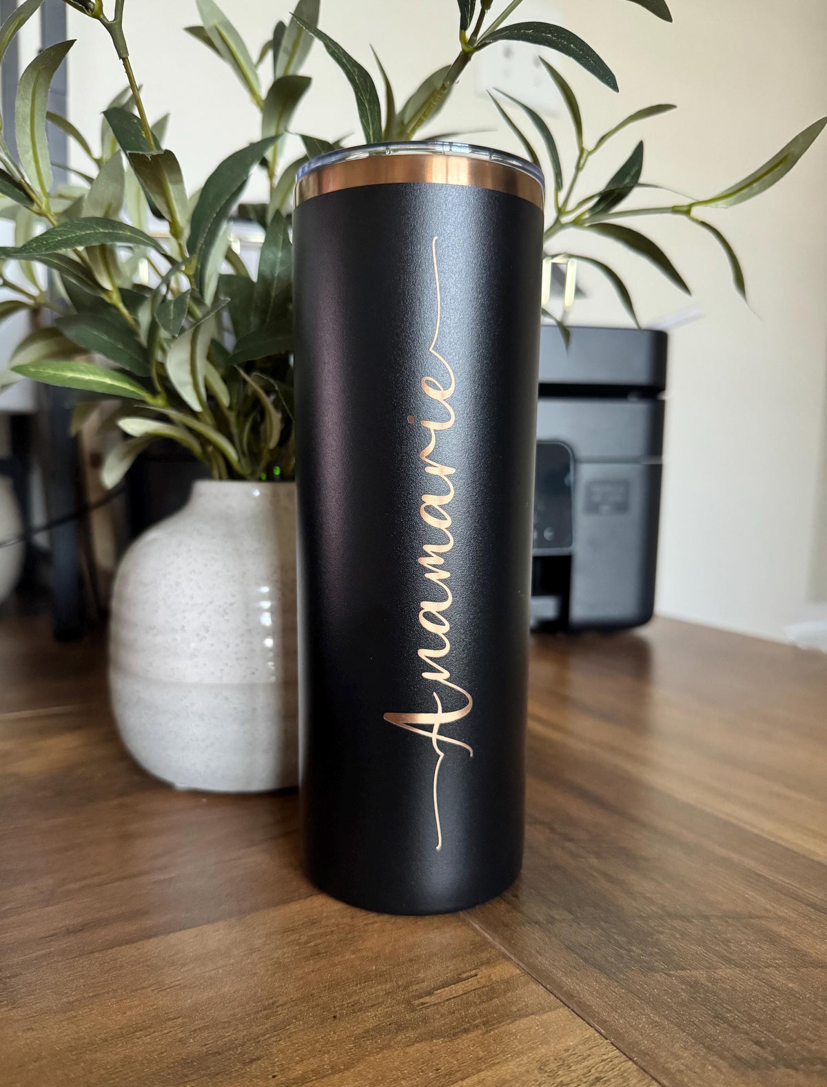 Personalized 20oz Skinny Tumbler | Black & Bronze Engraved | Custom Name Cup | Laser Engraved Travel Mug