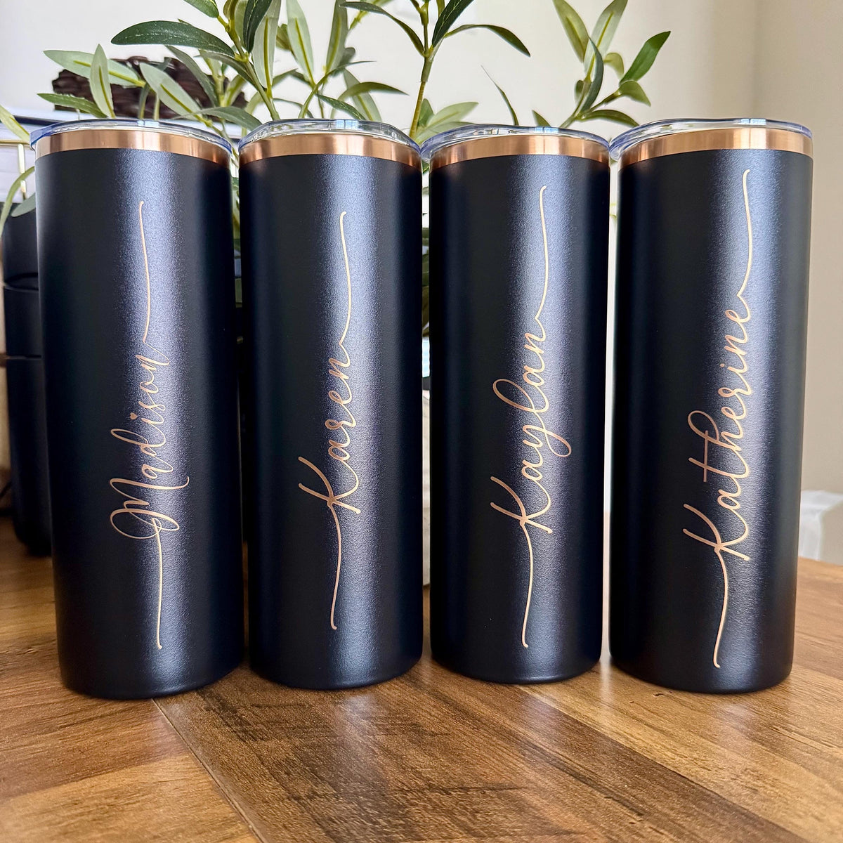 Personalized 20oz Skinny Tumbler | Black & Bronze Engraved | Custom Name Cup | Laser Engraved Travel Mug