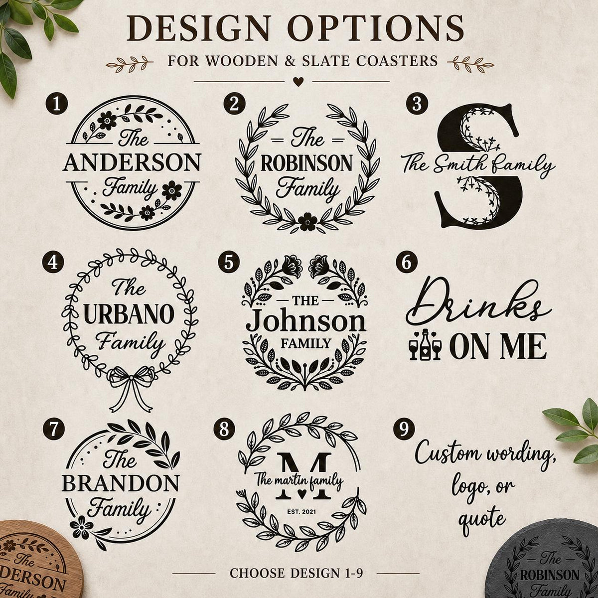 Personalized Slate Coasters, Engraved Family Name Bar Decor, logo design, Housewarming gift, wedding