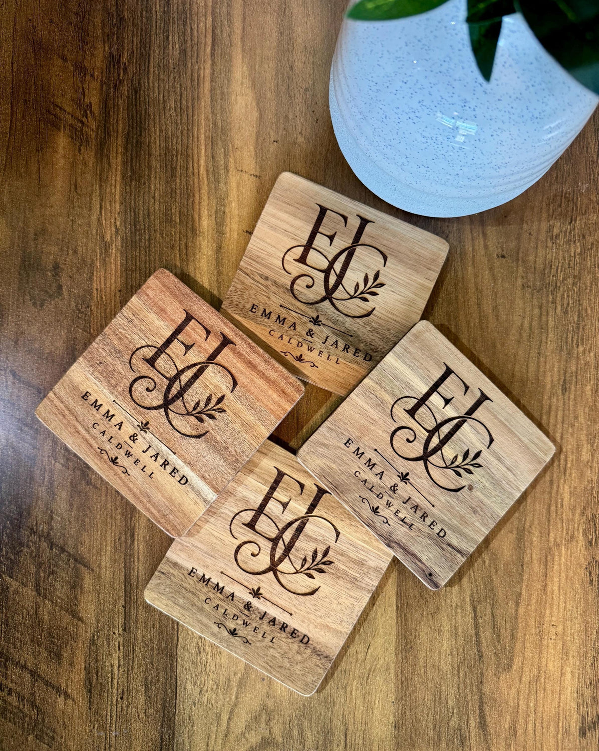 Personalized Engraved Wood Coasters, Custom Bar Decor Set, realtor closing gift, family name, monogram wedding